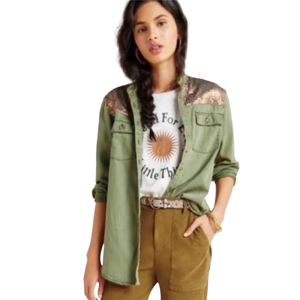 Anthropologie Button Down Shirt Women 12 Olive Green Excellent Sequin Utility